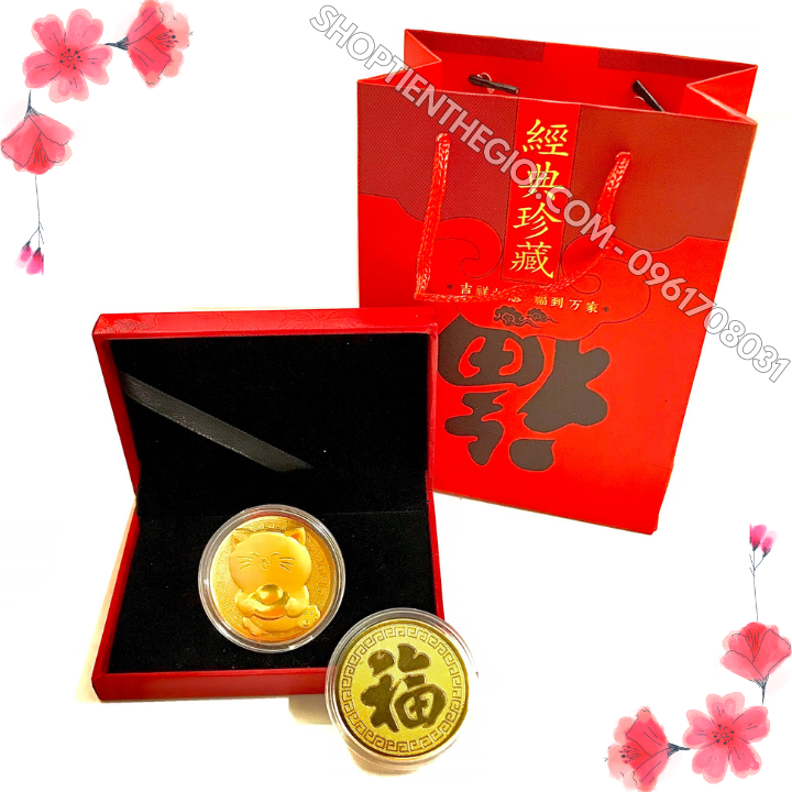 Hộp Đồng Xu Hình Con Mèo Thần Tài Mạ Vàng Túi Phúc - SP005919